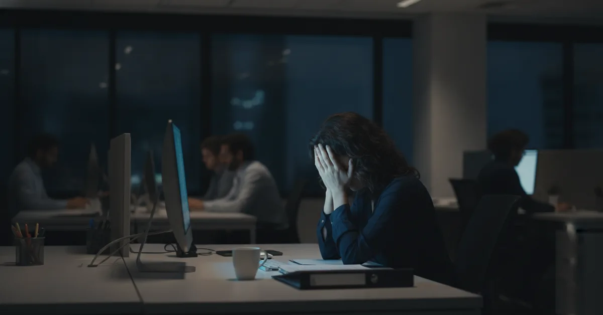 Profissional exausta trabalhando até tarde no escritório, sinal de burnout