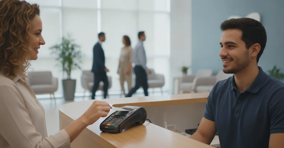 Beneficiário pagando coparticipação na recepção de uma clínica