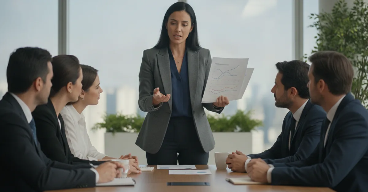 Gestora de RH apresentando o plano de saúde empresarial à equipe