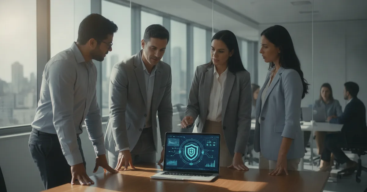 Equipe de tecnologia discutindo conformidade com a LGPD e proteção de dados