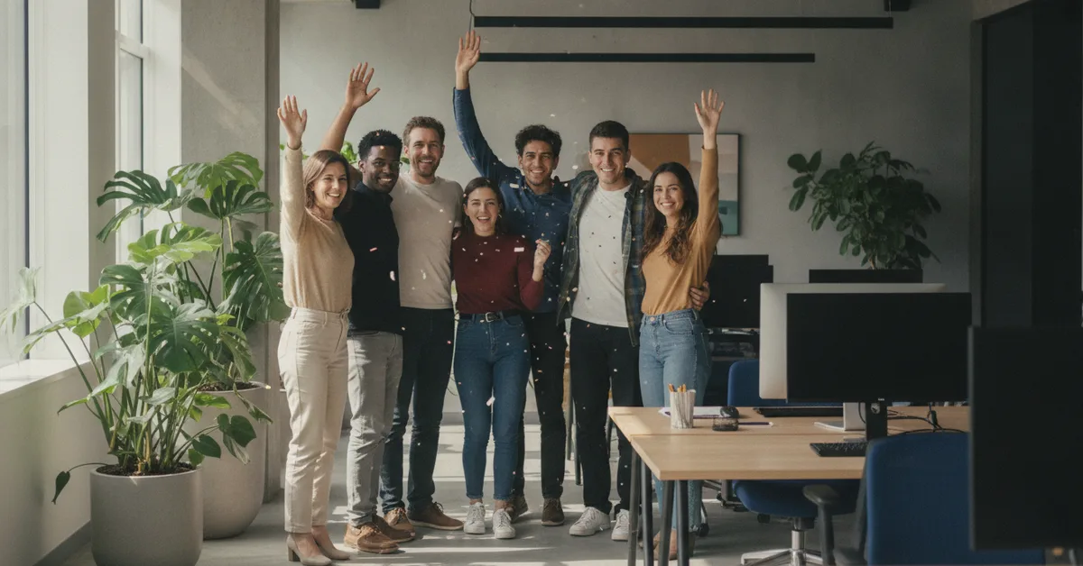Equipe motivada celebrando resultados em escritório moderno
